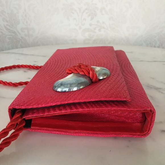 Vintage Fuschia Straw Clutch Bag with Abalone Trim - Picture 3 of 8